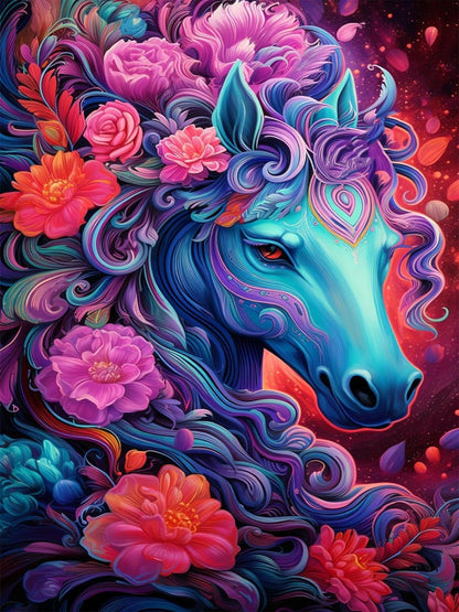 Blaues Pferd mit Blumenmähne - Diamond Painting