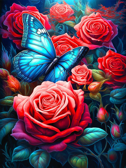 Schmetterling auf roten Rosen - Diamond Painting