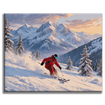 Schneebedeckte Gipfel und Skifahrer - Malen nach Zahlen