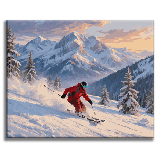 Schneebedeckte Gipfel und Skifahrer - Malen nach Zahlen