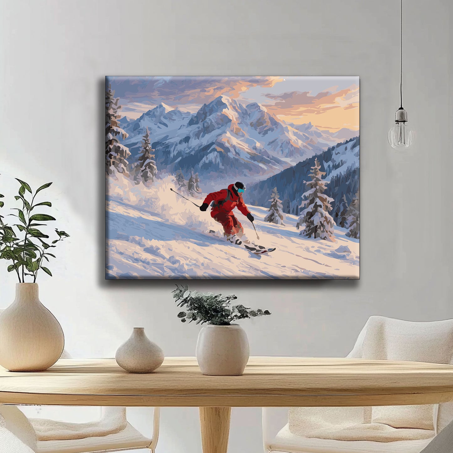 Schneebedeckte Gipfel und Skifahrer - Malen nach Zahlen